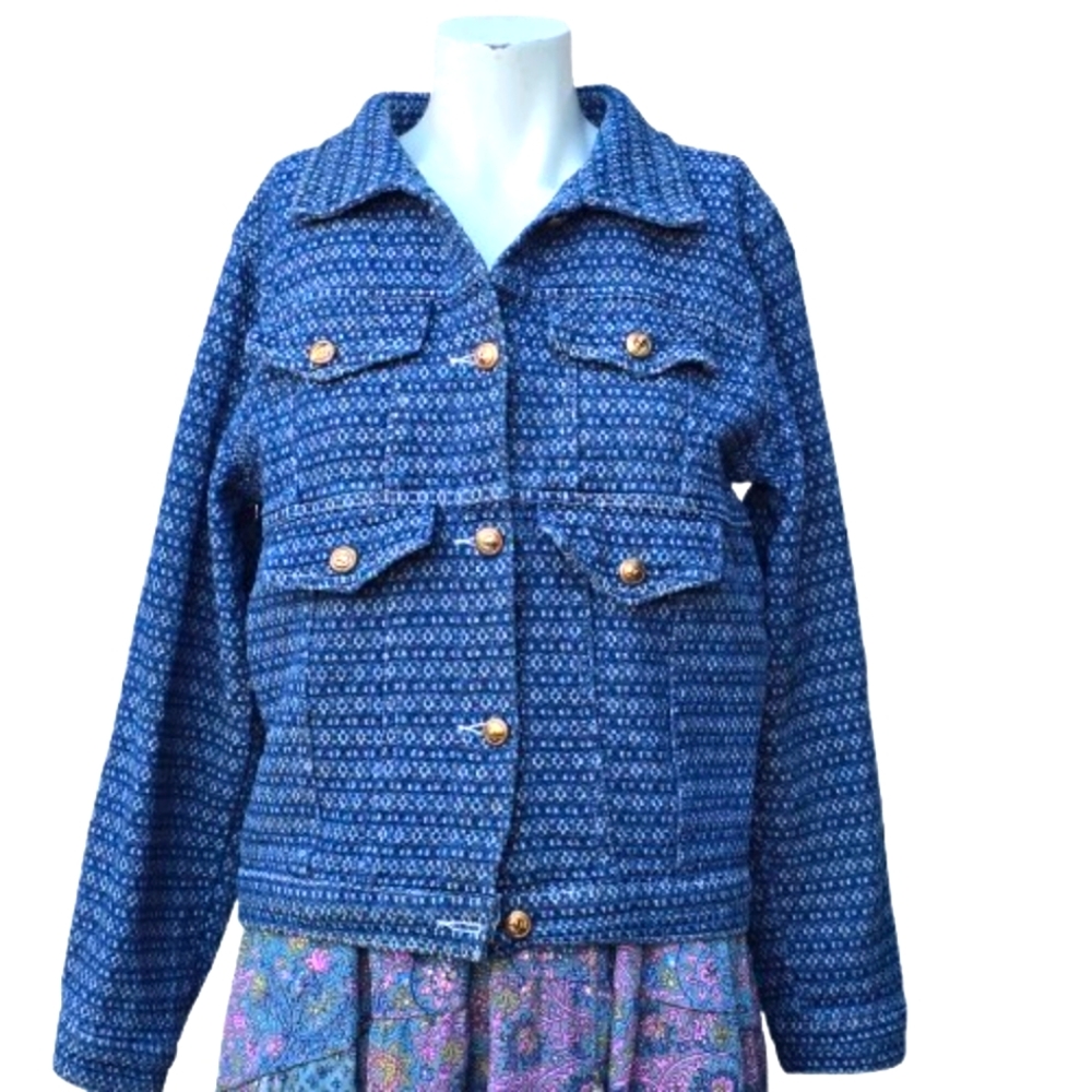 Chic Blue Patterned Cotton Jacket with Gold Buttons